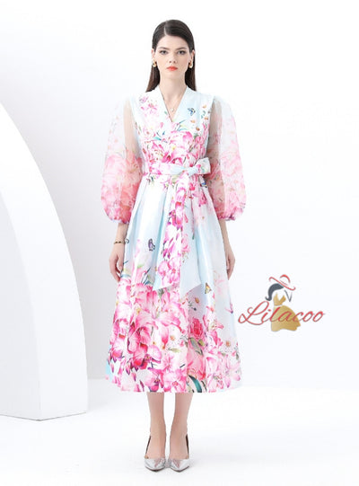 Palace Style Printed V-neck Long-sleeved Dress