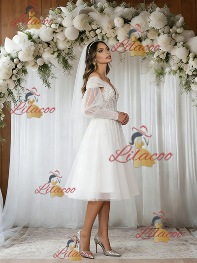 White Tulle Long Sleeve Short Wedding Dress