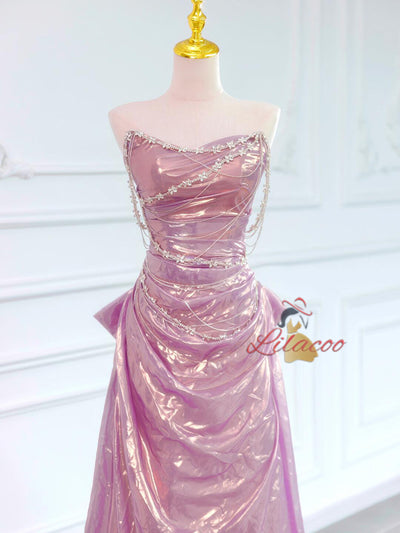 Pink Strapless Pleats Beading Bow Prom Dress
