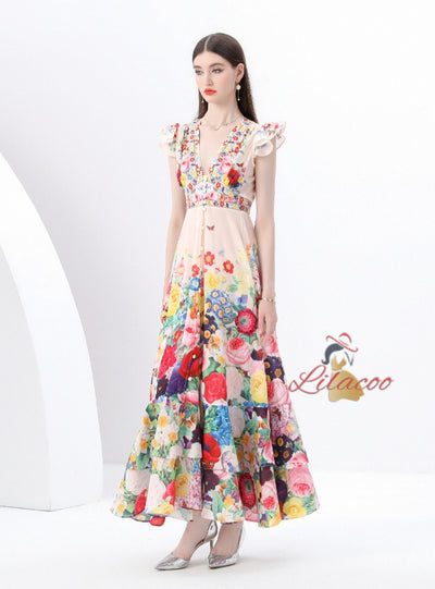 Flying Sleeve V-neck Slim Waist Printed Dress