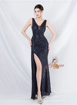 V-neck Sequins Split Prom Dress