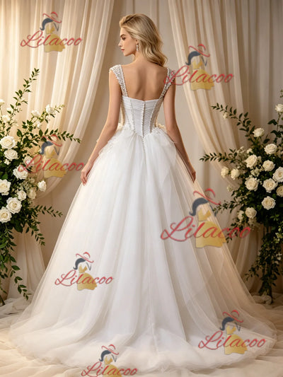 Beige White Tulle Straps Pleats Beading Wedding Dress