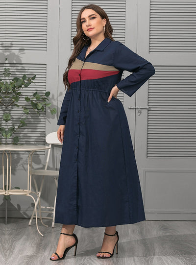 Lapel Single-breasted Geometric Contrast Plus Size Dress