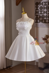 White Satin Straps Flower Pearls Wedding Dress