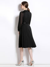 Embroidered Perspective Bubble Sleeve Belt Dress