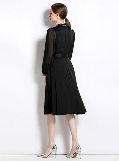 Embroidered Perspective Bubble Sleeve Belt Dress