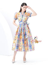 Vintage Printed V-neck Mesh Bubble Sleeve Dress