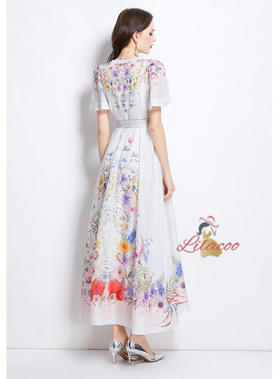 Flower Short Sleeve Retro Long Dress