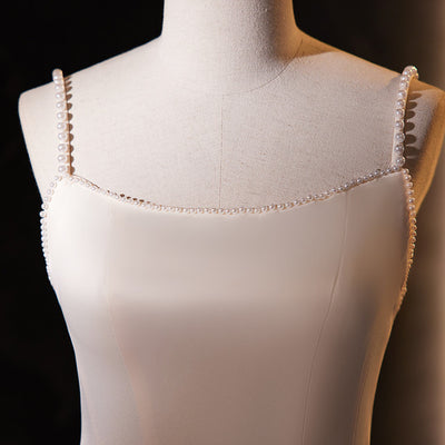 Champagne Mermaid Satin Pearls Wedding Dress