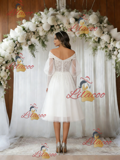 White Tulle Long Sleeve Short Wedding Dress