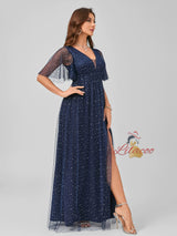 Navy Blue Tulle V-neck Prom Dress