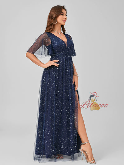 Navy Blue Tulle V-neck Prom Dress