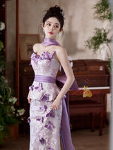 Purple Satin Strapless 3D Flower Prom Dress
