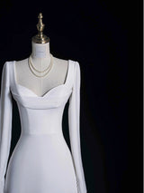 White Square Neck Long Sleeve Wedding Dress