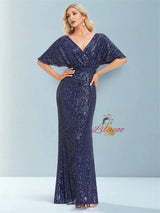 Short-sleeved V-neck Sequins Evening Dress