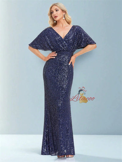 Short-sleeved V-neck Sequins Evening Dress