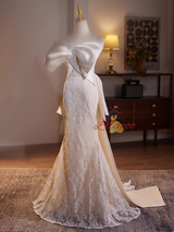 Ivory Mermaid Lace Satin Bow Wedding Dress