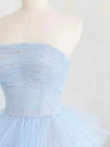 Blue Tulle Tiers Strapless Pleats Prom Dress