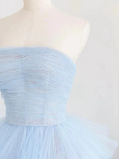Blue Tulle Tiers Strapless Pleats Prom Dress