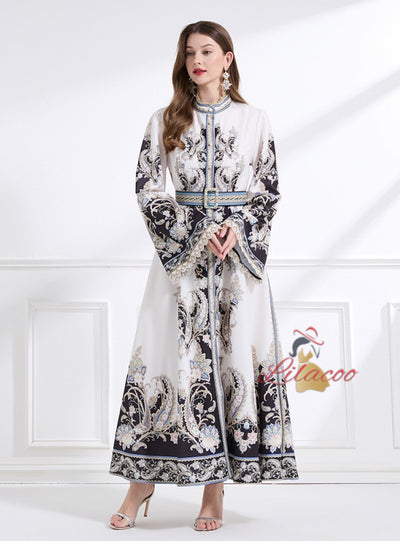 Palace Retro Trumpet Sleeve Printed Long Dress
