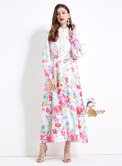 Long Lantern Sleeve Printed Dress