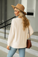 Solid Color V-neck Button Loose Long Sleeve T-shirt