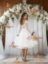 White Tulle Long Sleeve Short Wedding Dress