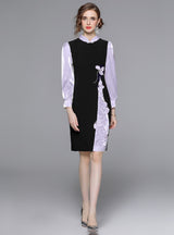 Long Sleeve Contrast Flower Beaded Dress