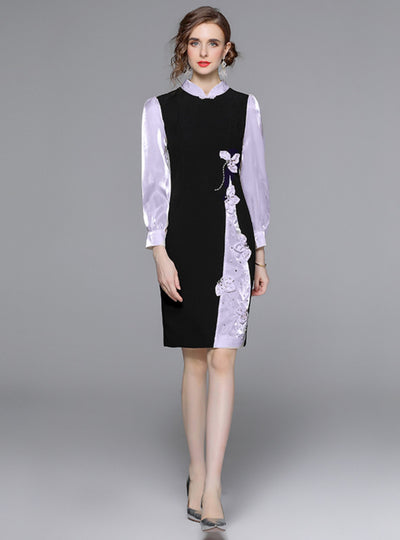 Long Sleeve Contrast Flower Beaded Dress