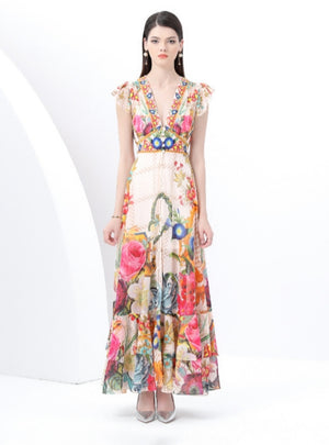 V-neck Slim Breasted Printed Slit Dress