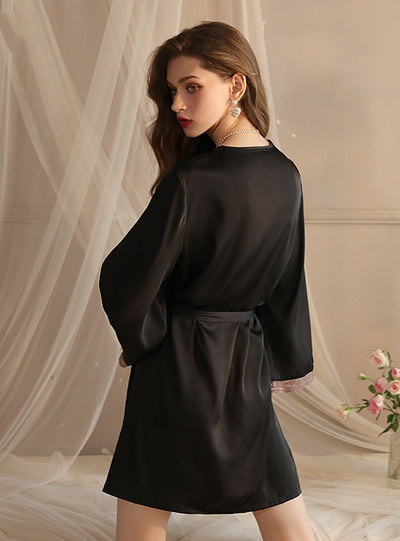 Ice Silk Long Sleeve Silk Lace Nightgown