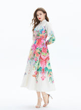 Vintage Lantern Sleeve Printed Slim Dress
