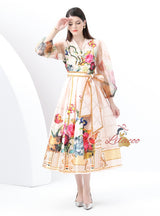 V-neck Lantern Sleeve Long Retro Print Dress
