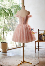 Pink Tulle Sequins Flower Homecoming Dress