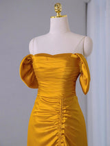 Yellow Satin Strapless Pleats Prom Dress