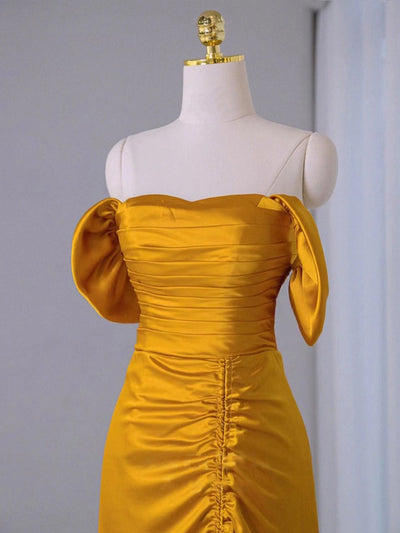 Yellow Satin Strapless Pleats Prom Dress