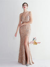 Spaghetti Straps Mermaid Sequins Split Prom Dress