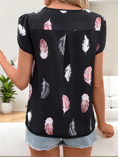V-neck Feather Print Shirt
