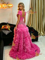 Fuchsia Mermaid Short Sleeve Beading Prom Dress