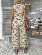 V-neck Print Vest Trousers Pant Suit