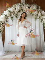 White Tulle Long Sleeve Short Wedding Dress