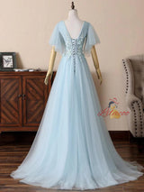 Blue Tulle Appliques Pleats Prom Dress