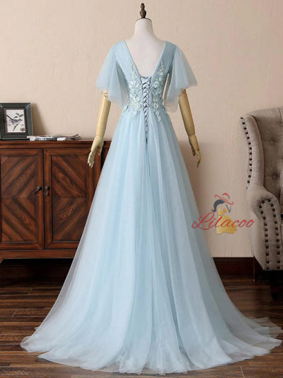 Blue Tulle Appliques Pleats Prom Dress