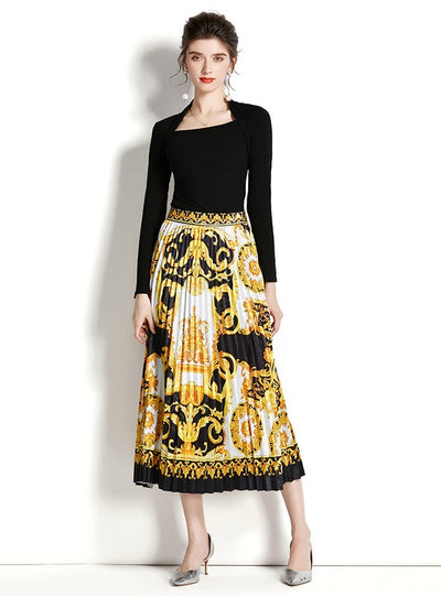 Retro Square Neck Top+Printed Pleated Skirt Suit