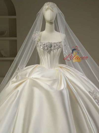 Ivory Satin Strapless Beading Wedding Dress With Long Train