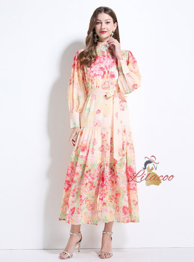 Printed Long Sleeve Chiffon Dress
