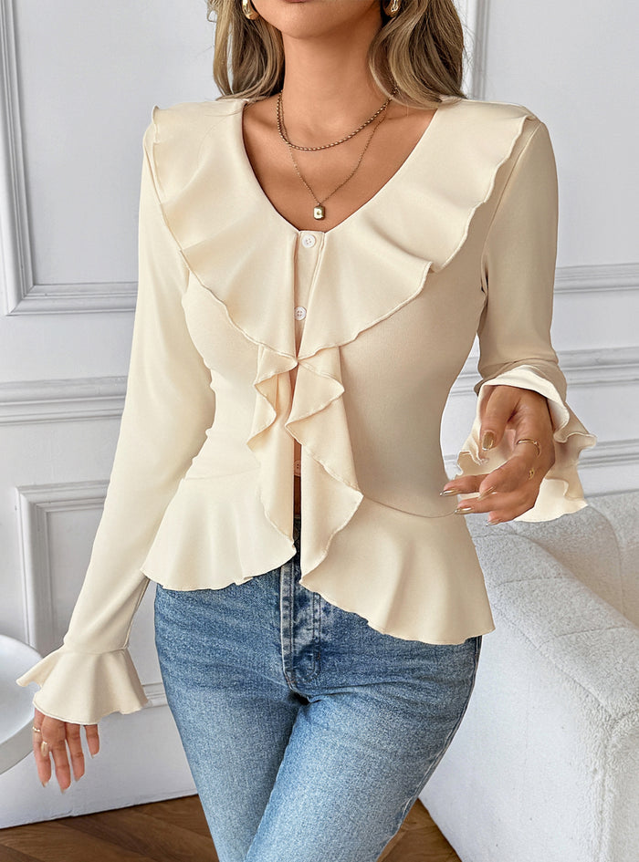Solid Color V-neck Ruffled Slim Shirt T-shirt