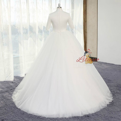 White Tulle Short Sleeve Wedding Dress With Bow