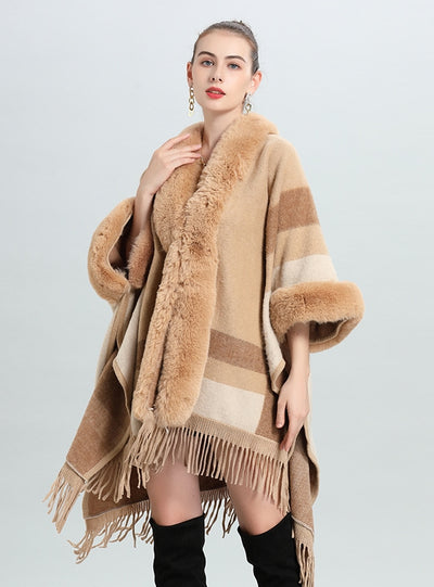 Striped Loose Tassels Knit Cardigan Shawl Cloak