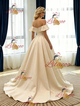 Champagne Satin Off the Shoulder Pleats Wedding Dress